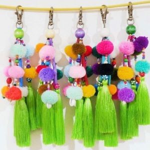 Colorful Pom Pom Key Chain with Wood Beads and Silk Tassels